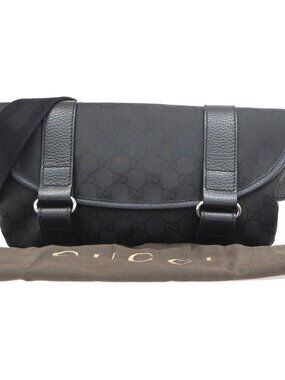 GUCCI Logo GG Pattern Mini Waist Belt Bag Canvas Leather Black SHW Italy 79ZA364